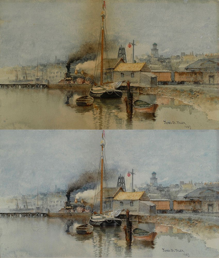 Watercolor before and after cleaning treatment