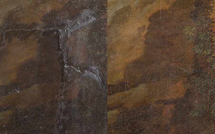 Detail of the old repair before and after the painting conservation treatment. Detail of the old repair before and after the painting conservation treatment.