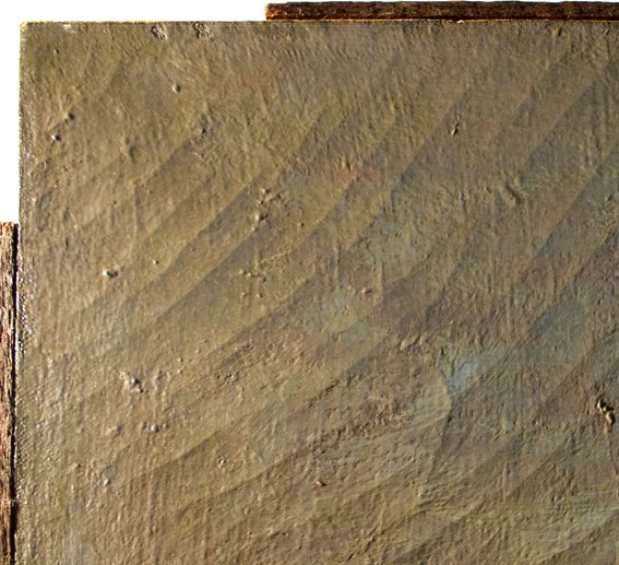 The “corner circle cracks” follow a circular pattern around the corners of the painting. They appear frequently in paintings on canvas.