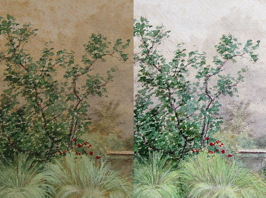 Discolored watercolor before and after restoration treatment
