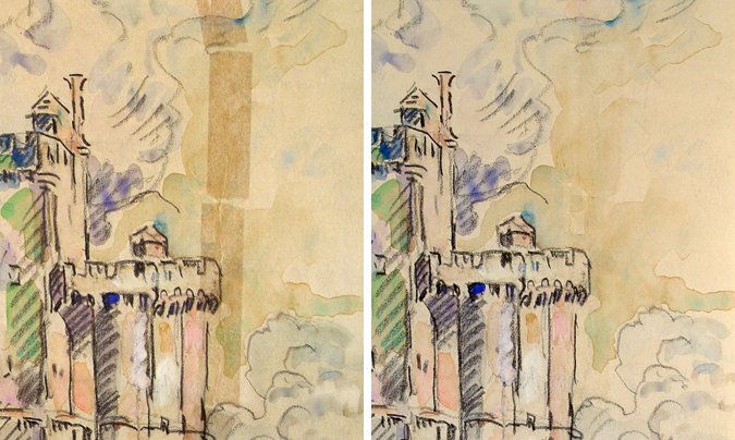 Paul Signac, Port de la Rochelle. Tape removal process performed on an artwork on paper can be both restoration and remedial conservation.