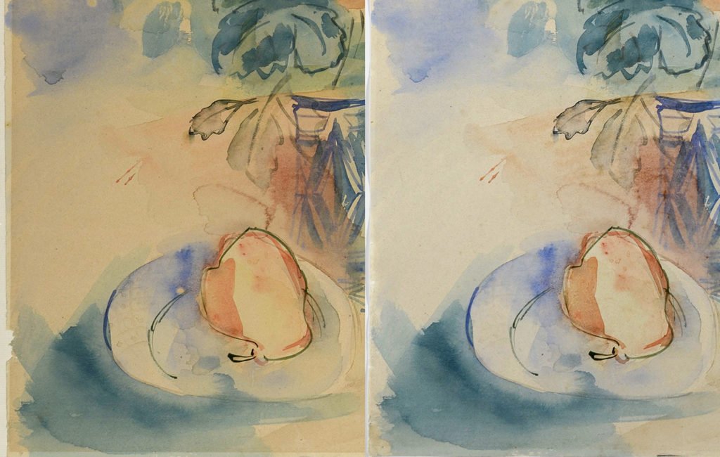 An example of a watercolor cleaned and bleached with both techniques combined